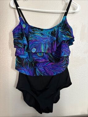 Elegant Black and Blue Ruffled One-Piece Swimsuit